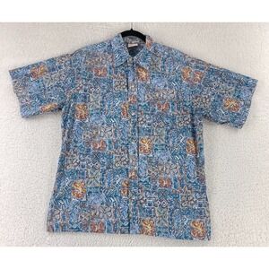 Go Barefoot Blue Floral Hawaiian Button-Up Shirt Mens Short Sleeve‎ VTG Size L